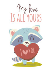 vector raccoon valetine's day greeting card