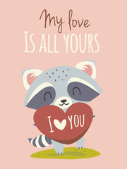 vector raccoon valetine's day greeting card