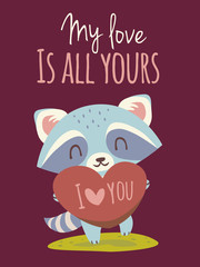 vector raccoon valetine's day greeting card
