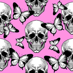 Skull and butterfly. Vector seamless pattern