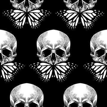 Skull and butterfly. Vector seamless pattern