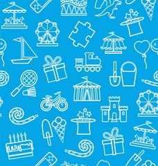 Children's entertainment and leisure, seamless background, blue, contour. Vector background with objects for the entertainment of children. Linear white image on a blue field. 