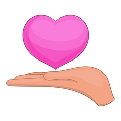 Pink heart in hand icon. Cartoon illustration of pink heart in hand vector icon for web
