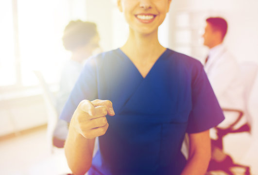 Close Up Of Nurse Pointing On You At Hospital