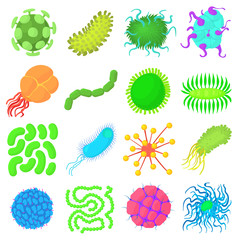 Virus bacteria forms icons set. Cartoon illustration of 16 virus bacteria forms vector icons for web