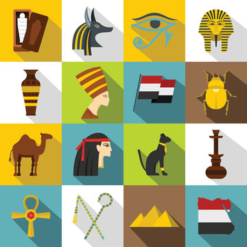 Egypt travel items icons set. Flat illustration of 16 Egypt travel items vector icons for web