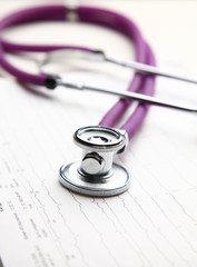 Stethoscope with cardiogram lying on desk in hospital