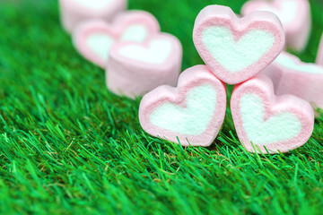 Heart shape marshmallow on artificial grass surfaces