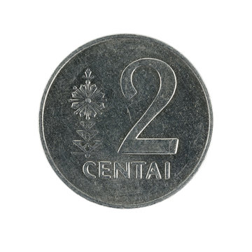 two lithuanian centai coin (1991) isolated on white background