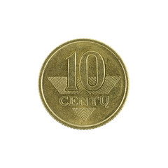 ten lithuanian centu coin (2008) isolated on white background