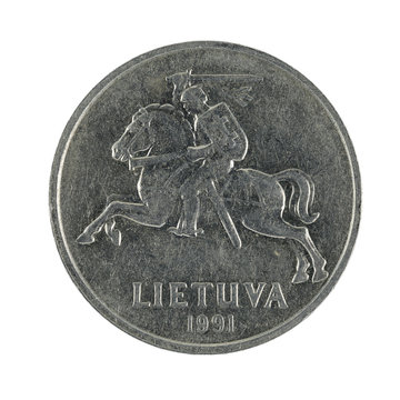 five lithuanian centai coin (1991) isolated on white background