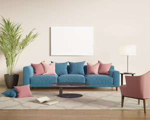 Blue and salmon red velvet sofa in a contemporary living room
