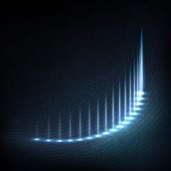 Technology digital background. Glowing neon curves with distorted lines, bright sparkles. Vector illustration