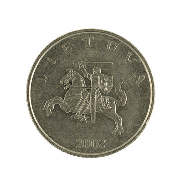 one lithuanian litas coin (2002) isolated on white background