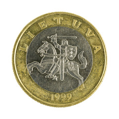 two lithuanian litai coin (2002) isolated on white background