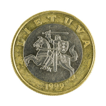 two lithuanian litai coin (2002) isolated on white background