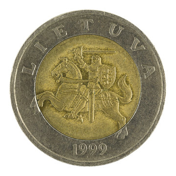 five lithuanian litai coin (1999) isolated on white background