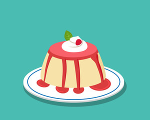 Strawberry pudding on white plate, vector