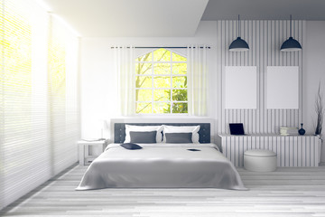 3D rendering : illustration of big spacious bedroom in soft light colors.big comfortable double bed in elegant classic modern bedroom.interior design of house