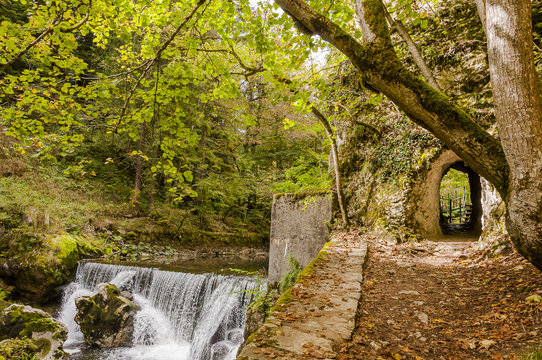 Noiraigue, Val de Travers, Jura, Schlucht, Areuseschlucht, Areuse, Fluss, Wasserschwelle, Wanderweg, Wald, Waldweg, Naturweg, Herbst, Schweiz