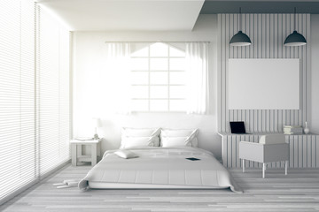3D rendering : illustration of big spacious bedroom in soft light colors.big comfortable double bed in elegant classic modern bedroom.interior design of house