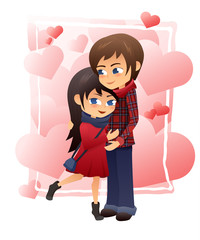 vector detailed flat illustration of hugging couple on hearts background