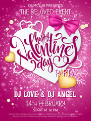Vector happy valentines day party poster with lettering, paper heart shape, ribbon bow, golden hearts on shiny background - 132205065