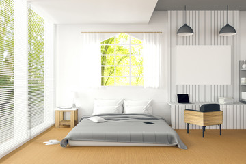 3D rendering : illustration of big spacious bedroom in soft light colors.big comfortable double bed in elegant classic modern bedroom.interior design of house