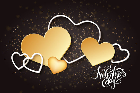 Vector happy valentines day lettering with golden hearts