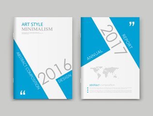 A4 brochure cover design. Blue triangle ad frame font. Title sheet model. Modern vector front page. Abstract flyer set. Company banner texture. Economic review. Financial project fiber. World map icon