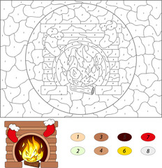 Christmas fireplace. Color by number educational game for kids