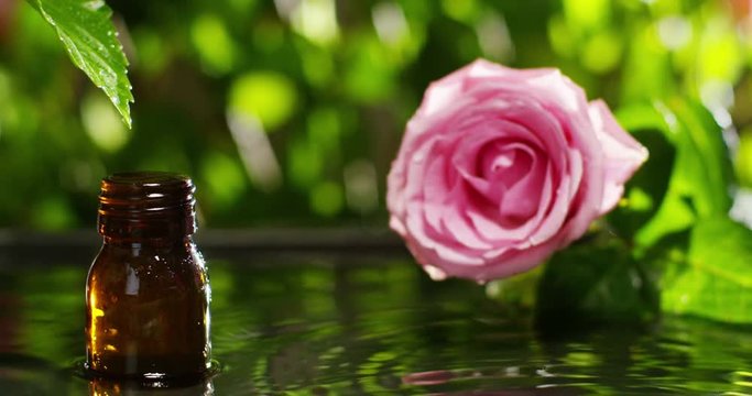 blend of essential oils with water drops, scents and aromas in aromatherapy for wellness and spa. concept of beauty. fragrant essential oil. essence drops fall from a leaf into pool in wellness center
