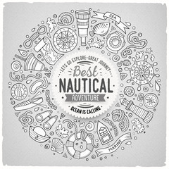 Set of Nautical cartoon doodle objects, symbols and items