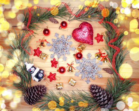 christmas decoration composition on wooden background