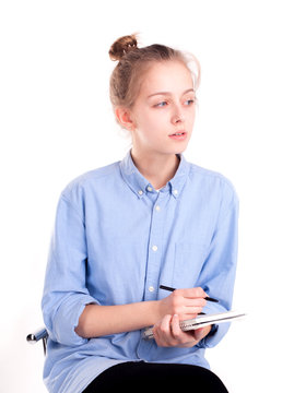 Creative blogger writing article for newspaper isolated