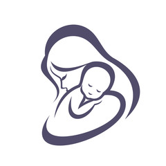 mother and baby stylized vector symbol, mom huges her child logo