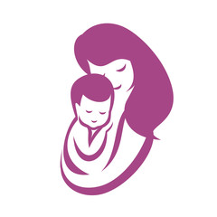 mother and baby stylized vector symbol, mom huges her child logo