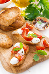 Fototapeta na wymiar toasts with mozzarella, basil and cherry tomatoes, top view