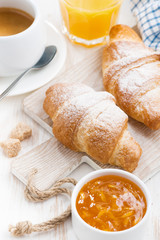 traditional breakfast with fresh croissants, vertical top view