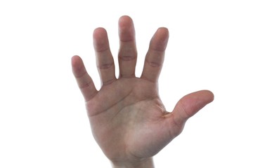 Hand of man pretending to touch an invisible screen