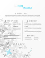 Creative simple cv template with grey plus signs in footer.