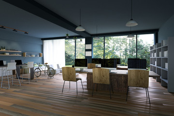 3D Rendering : illustration of internet pc cafe decoration interior or pc office of computer worker interior.modern loft cafe style.green nature out side.