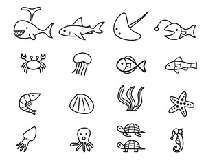 Seafood and sea animal in linear style, vector