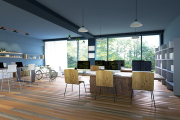 3D Rendering : illustration of internet pc cafe decoration interior or pc office of computer worker interior.modern loft cafe style.green nature out side.