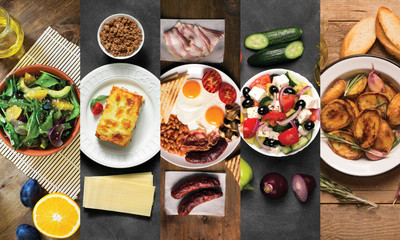 Fototapeta na wymiar Collage from different pictures of tasty food. Black and wooden background