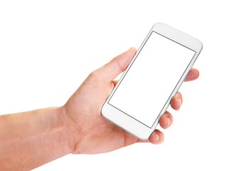 Smartphone white in hand blank screen