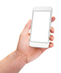 White smartphone with blank screen in male hand on white background – mockup
