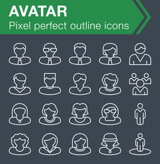 Pixel perfect outline avatar icons for mobile apps and web design. 