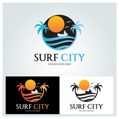 Surf city logo design template ,Beach logo design concept ,Vector illustration