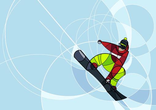 Vector illustration snowboarder in red and green dress on blue background. abstract image made with circles. winter sport. Horizontal composition